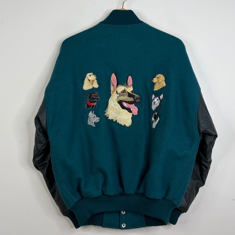 Vintage Varsity Jacket Mens Large Green Blue Wool Black Leather SPCA Dog Lover - Picture 1 of 16